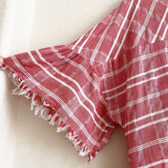 UMGEE Southern Bohemian Gingham Oversized Shirt Fringed Red White Women's L - Picture 9 of 10